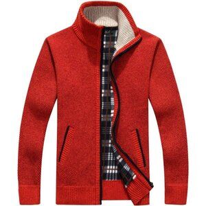 Men's Red Casual Slim Full Zip Knitted Polyester Cardigan Sweater with Pocked
